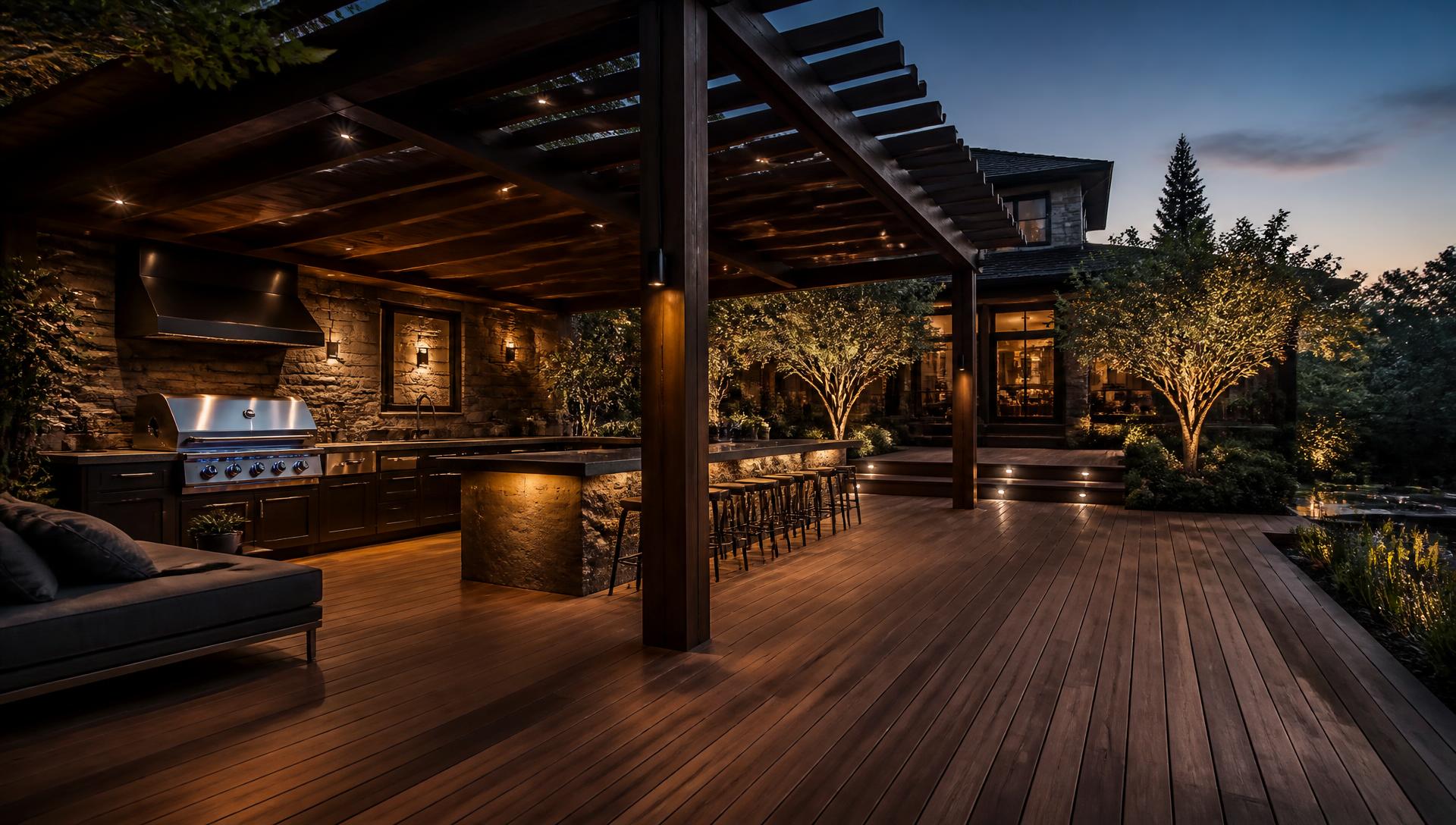Área gourmet com pergolado, deck de madeira e paisagismo executados pela Magna Decor